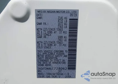 2020 Nissan Rogue Sl Intelligent Awd from USA, damaged, VIN 5N1AT2MV6LC728062